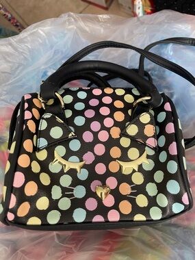 Luv Betsey Johnson Polka Dot Mini Satchel Handbag Black Cat